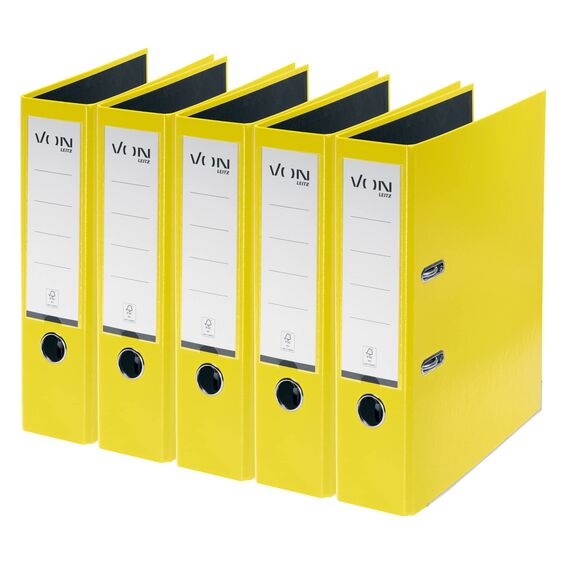 VON Leitz 5er Pack Ordner A4, Karton mit Kunststoffeinband, 80 mm Rückenbreite, Für 600 Blatt, FSC-zertifizierter Karton, Für Schule, Studium & Haushalt, Gelb, 10551015
