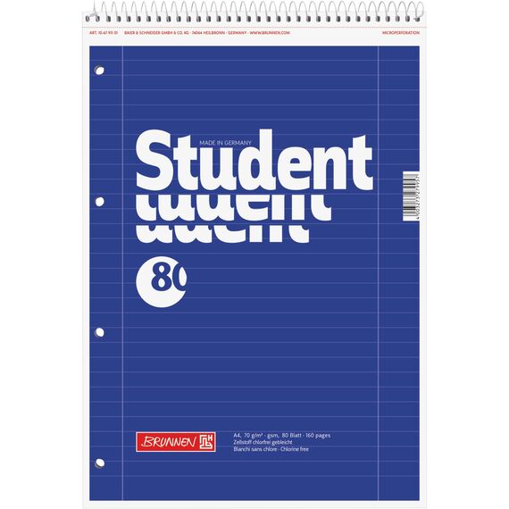 BRUNNEN Collegeblock Student Spirale oben | A4, Lineatur 27, 80 Blatt, blau