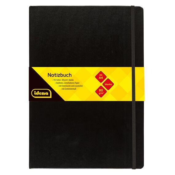 Idena 209292 Notizbuch FSC-Mix, A4, liniert, Papier cremefarben, 96 Blatt, 80 g/m², Hardcover in schwarz (A4, blanko)