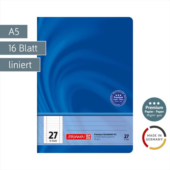 BRUNNEN Schulheft Premium Vivendi | A5, Lineatur 27, 16 Blatt, blau