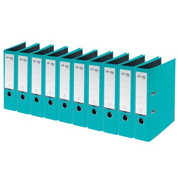 VON Leitz Ordner A4, 10er Pack, Karton mit Kunststoffeinband, 80 mm Rückenbreite, Für 600 Blatt, Blauer Engel & FSC-zertifiziert, Für Schule, Studium & Zuhause, Türkis, 10550052