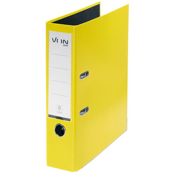 VON Leitz Ordner A4, Karton mit Kunststoffeinband, 80 mm Rückenbreite, Für 600 Blatt, Blauer Engel & FSC-zertifiziert, Für Schule, Studium & Zuhause, Gelb, 10550015