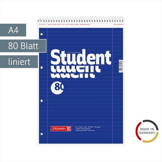 BRUNNEN Collegeblock Student Spirale oben | A4, Lineatur 27, 80 Blatt, blau