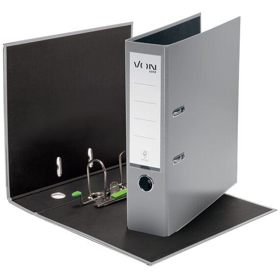 VON Leitz Ordner A4, Karton mit Kunststoffeinband, 80 mm Rückenbreite, Für 600 Blatt, Blauer Engel & FSC-zertifiziert, Für Schule, Studium & Zuhause, Grau, 10550085