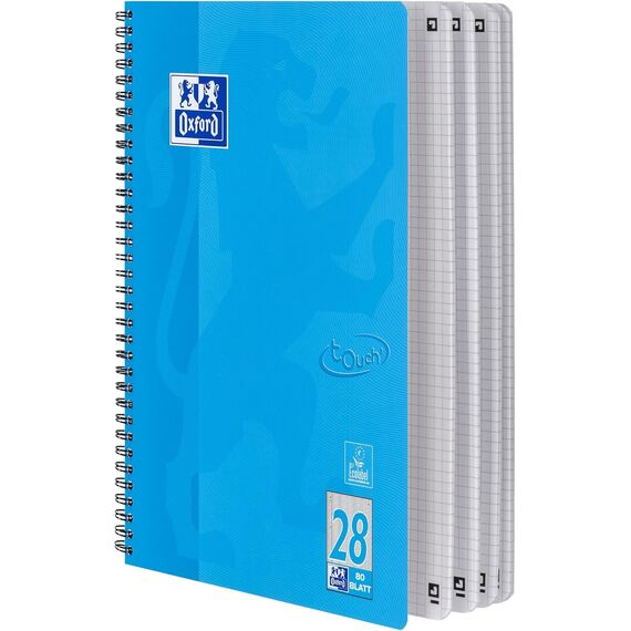 Oxford TOUCH A4+ Collegeblock, 80 Blatt, OPTIK PAPER+®, Doppelspirale, Mikroperforation, scribzee kompatibel (meerblau | kariert)
