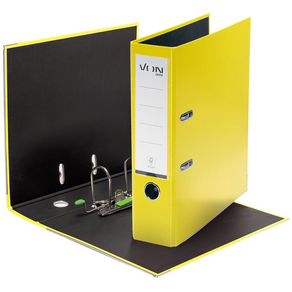VON Leitz Ordner A4, Karton mit Kunststoffeinband, 80 mm Rückenbreite, Für 600 Blatt, Blauer Engel & FSC-zertifiziert, Für Schule, Studium & Zuhause, Gelb, 10550015
