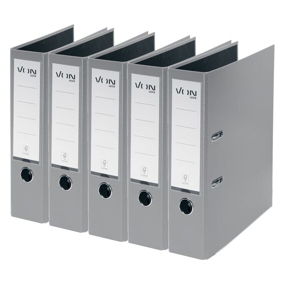 VON Leitz 5er Pack Ordner A4, Karton mit Kunststoffeinband, 80 mm Rückenbreite, Für 600 Blatt, FSC-zertifizierter Karton, Für Schule, Studium & Haushalt, Grau, 10551085