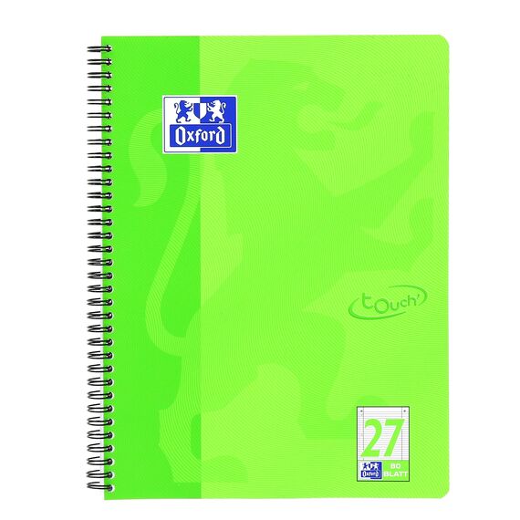 Oxford TOUCH A4+ Collegeblock, 80 Blatt, OPTIK PAPER+®, Doppelspirale, Mikroperforation, scribzee kompatibel (grasgrün | liniert)