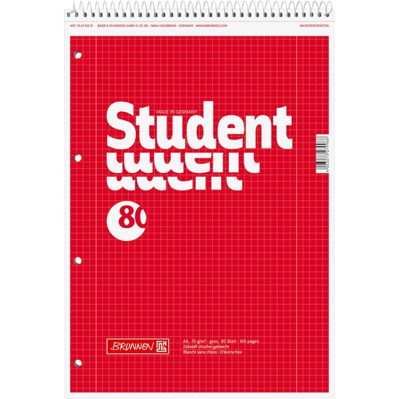 BRUNNEN Collegeblock Student Spirale oben | A4, Lineatur 28, 80 Blatt, rot
