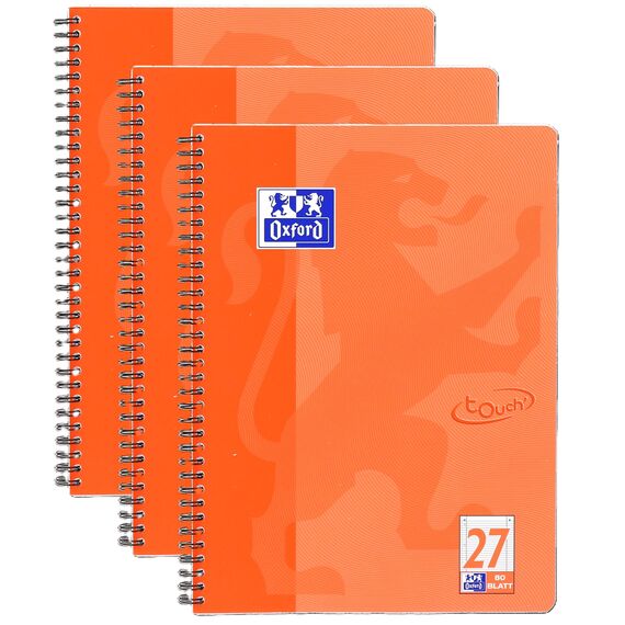 Oxford TOUCH A4+ Collegeblock, 80 Blatt, OPTIK PAPER+®, Doppelspirale, Mikroperforation, scribzee kompatibel (koralle | liniert)