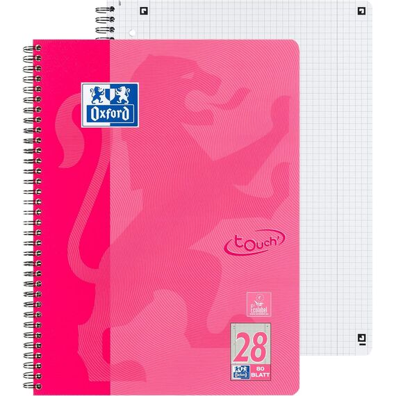 Oxford TOUCH A4+ Collegeblock, 80 Blatt, OPTIK PAPER+®, Doppelspirale, Mikroperforation, scribzee kompatibel (rosa | kariert)