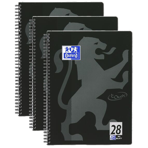Oxford TOUCH A4+ Collegeblock, 80 Blatt, OPTIK PAPER+®, Doppelspirale, Mikroperforation, scribzee kompatibel (schwarz | kariert)