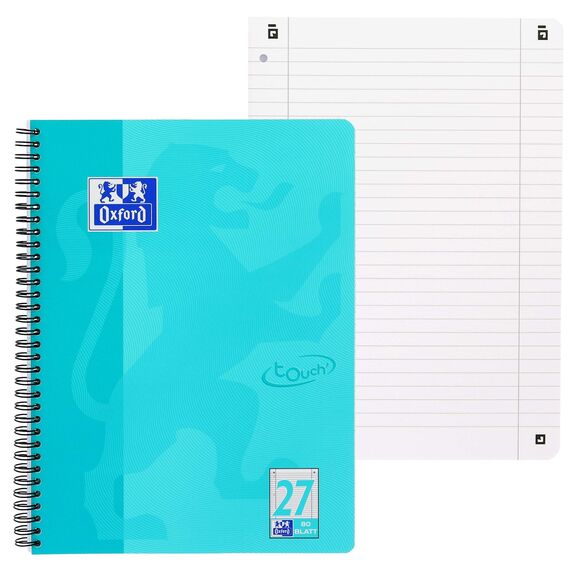 Oxford Touch Collegeblock A4 liniert, mit Doppelrand, 80 Blatt, aqua, 3 Stück