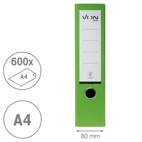 VON Leitz Ordner A4, 20er Pack, Karton mit Kunststoffeinband, 80 mm Rückenbreite, Für 600 Blatt, Blauer Engel & FSC-zertifiziert, Für Schule, Studium & Haushalt, Grün, 10550055