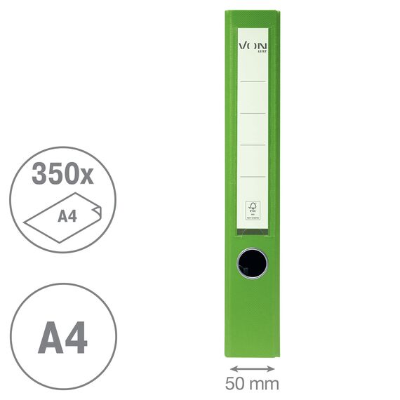 VON Leitz Ordner A4, Karton mit Kunststoffeinband, 50 mm Rückenbreite, Für 350 Blatt, Blauer Engel & FSC-zertifiziert, Für Schule, Studium & Zuhause, Grün, 10560055