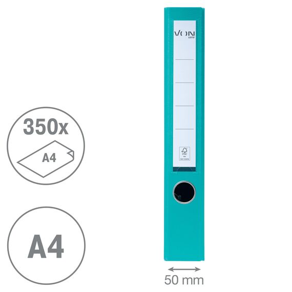 VON Leitz Ordner A4, 5er Pack, Karton mit Kunststoffeinband, 50 mm Rückenbreite, Für 350 Blatt, Blauer Engel & FSC-zertifiziert, Für Schule, Studium & Zuhause, Türkis, 10561052