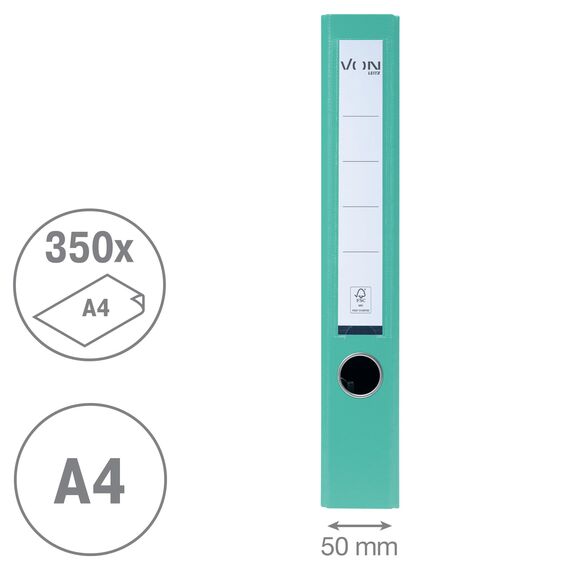 VON Leitz 5er Pack Ordner A4, Karton mit Kunststoffeinband, 50 mm Rückenbreite, Für 350 Blatt, FSC-zertifizierter Karton, Für Schule, Studium & Haushalt, Mintgrün, 10561051