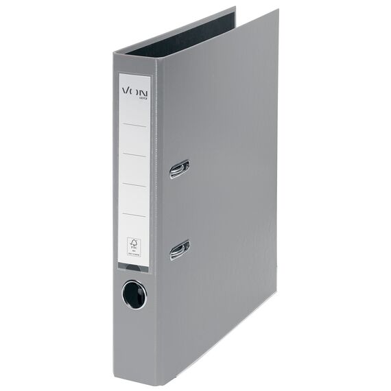 VON Leitz Ordner A4, Karton mit Kunststoffeinband, 50 mm Rückenbreite, Für 350 Blatt, Blauer Engel & FSC-zertifiziert, Für Schule, Studium & Zuhause, Grau, 10560085