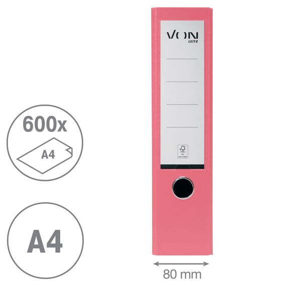 VON Leitz 5er Pack Ordner A4, Karton mit Kunststoffeinband, 80 mm Rückenbreite, Für 600 Blatt, FSC-zertifizierter Karton, Aktenordner, Für Schule, Studium & Zuhause, Pink, 10551021