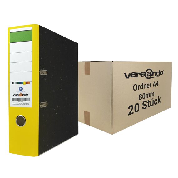 versando 20x breiter Premium Ordner DIN A4 Rücken 8cm Aktenordner Ringordner - Blauer Engel zertifiziert - gelb (1 Karton)