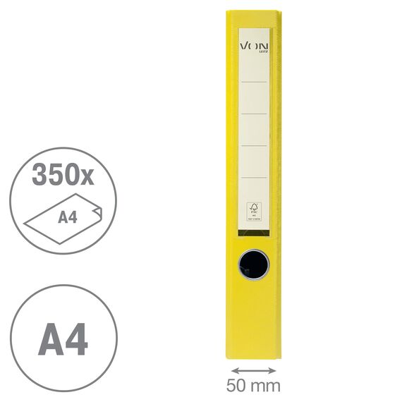 VON Leitz Ordner A4, 25er Pack, Karton mit Kunststoffeinband, 50 mm Rückenbreite, Für 350 Blatt, Blauer Engel & FSC-zertifiziert, Für Schule, Studium & Zuhause, Gelb, 10560015