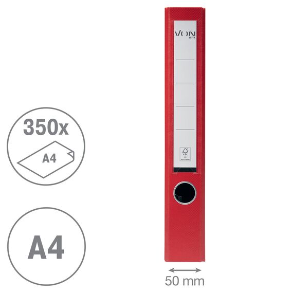 VON Leitz Ordner A4, 25er Pack, Karton mit Kunststoffeinband, 50 mm Rückenbreite, Für 350 Blatt, Blauer Engel & FSC-zertifiziert, Für Schule, Studium & Zuhause, Rot, 10560025