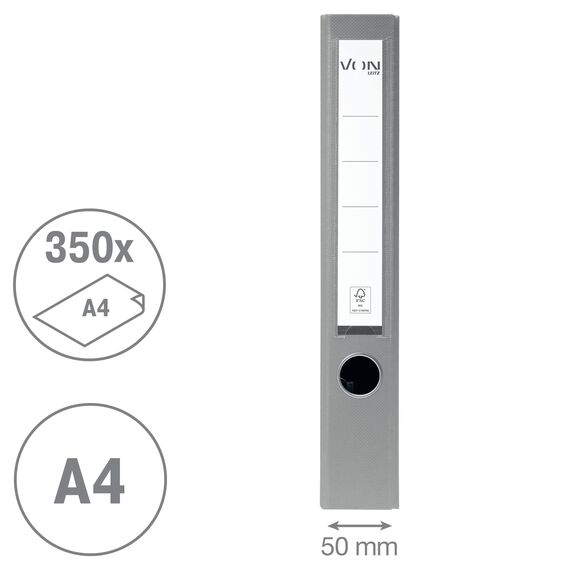 VON Leitz 5er Pack Ordner A4, Karton mit Kunststoffeinband, 50 mm Rückenbreite, Für 350 Blatt, FSC-zertifizierter Karton, Für Schule, Studium & Haushalt, Grau, 10561085