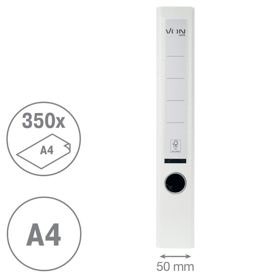 VON Leitz Ordner A4, 25er Pack, Karton mit Kunststoffeinband, 50 mm Rückenbreite, Für 350 Blatt, Blauer Engel & FSC-zertifiziert, Für Schule, Studium & Zuhause, Weiß, 10560001