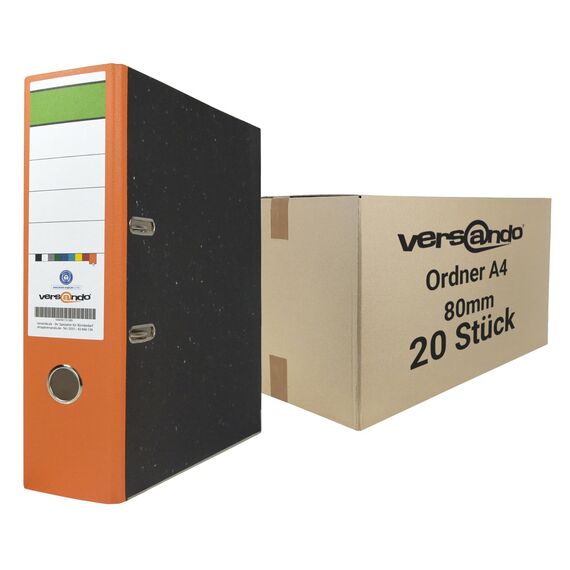 versando 20x breiter Premium Ordner DIN A4 Rücken 8cm Aktenordner Ringordner - Blauer Engel zertifiziert - orange (1 Karton)