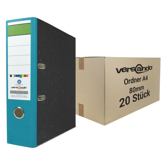 versando 20x breiter Premium Ordner DIN A4 Rücken 8cm Aktenordner Ringordner - Blauer Engel zertifiziert - türkis (1 Karton)