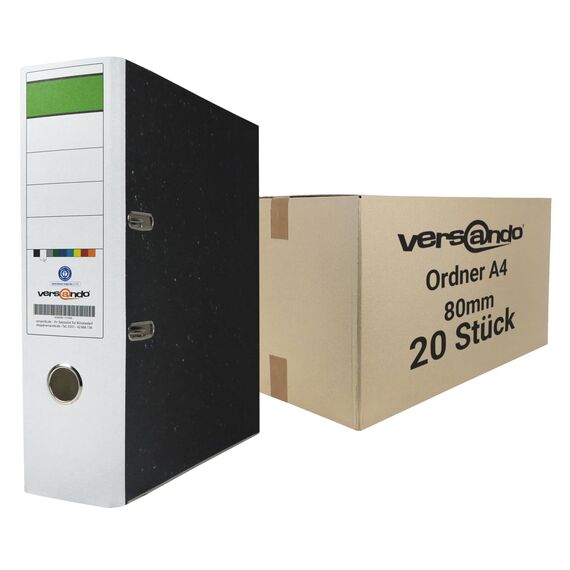 versando 20x breiter Premium Ordner DIN A4 Rücken 8cm Aktenordner Ringordner - Blauer Engel zertifiziert - weiß (1 Karton)