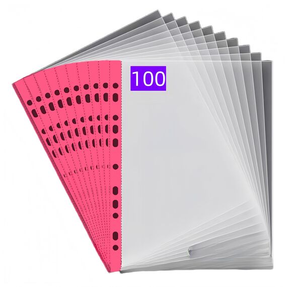 PUTOAHAO 100 Stück Klarsichthüllen A4 Glasklar,DINA4 Prospekthüllen aus PP(0.06 mm,60 My,60µ,60 micron),11 Loch Perforationen Klarsichtfolien A4 für Broschüren,Ordner,Dokumente (Rot Seite,6C-100)