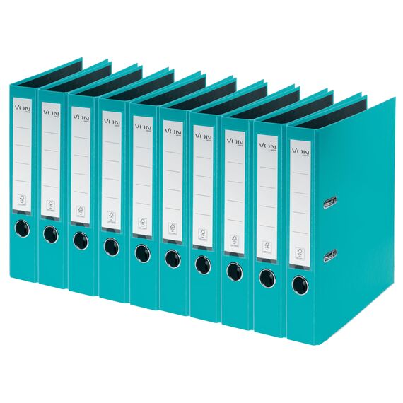 VON Leitz Ordner A4, 10er Pack, Karton mit Kunststoffeinband, 50 mm Rückenbreite, Für 350 Blatt, Blauer Engel & FSC-zertifiziert, Für Schule, Studium & Zuhause, Türkis, 10560052