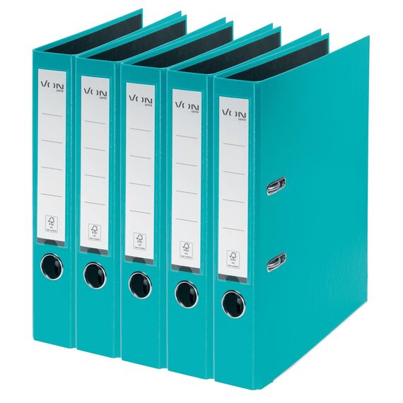VON Leitz Ordner A4, 5er Pack, Karton mit Kunststoffeinband, 50 mm Rückenbreite, Für 350 Blatt, Blauer Engel & FSC-zertifiziert, Für Schule, Studium & Zuhause, Türkis, 10561052