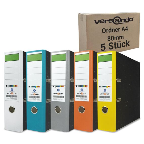 versando Farbmix Herbstfarben 5x breiter Premium Ordner DIN A4 Aktenordner 8cm Ringordner - Blauer Engel zertifiziert - weiß grau türkis orange gelb