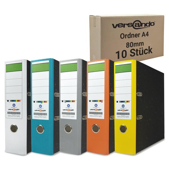 versando Farbmix Herbstfarben 10x breiter Premium Ordner DIN A4 Aktenordner 8cm Ringordner - Blauer Engel zertifiziert - weiß grau türkis orange gelb