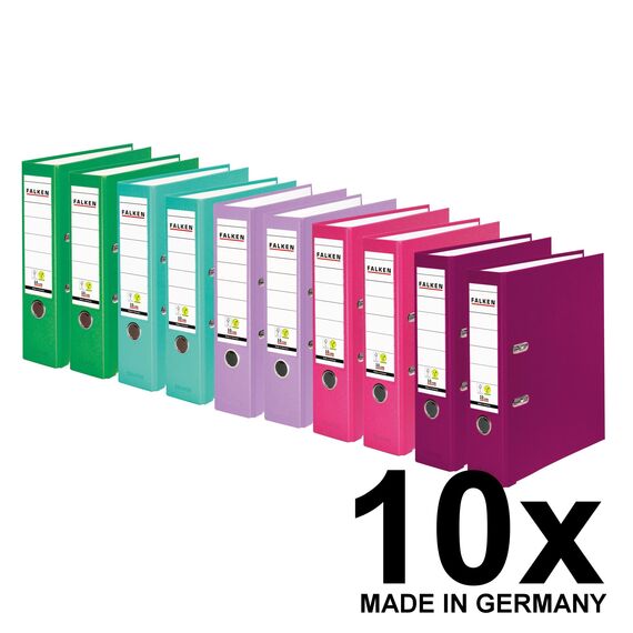 Original Falken 10er Pack PP-Color Kunststoff-Ordner. Made in Germany. 8 cm breit DIN A4 Vegan farbig sortiert zu je 2x türkis, flieder, brombeere, pink, hellgrün Aktenordner Briefordner