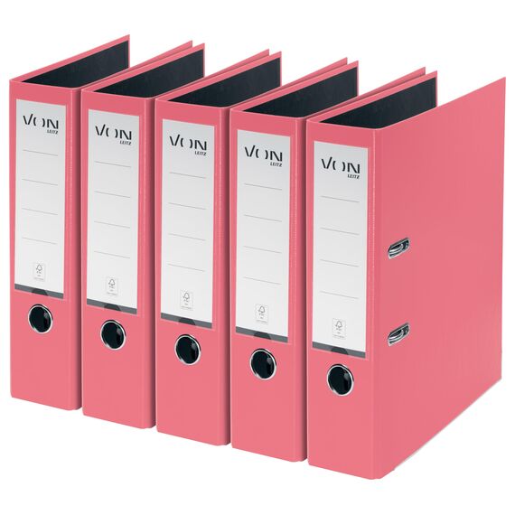VON Leitz 5er Pack Ordner A4, Karton mit Kunststoffeinband, 80 mm Rückenbreite, Für 600 Blatt, FSC-zertifizierter Karton, Aktenordner, Für Schule, Studium & Zuhause, Pink, 10551021