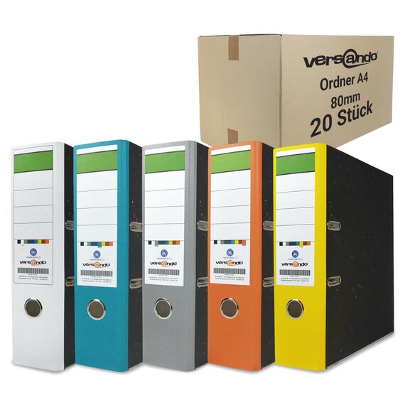 versando Farbmix Herbstfarben 20x breiter Premium Ordner DIN A4 Aktenordner 8cm Ringordner - Blauer Engel zertifiziert - weiß grau türkis orange gelb