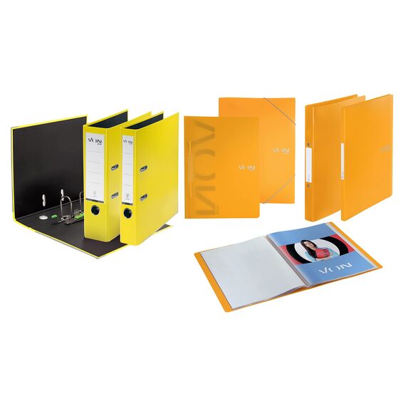 VON Leitz 5er Pack Ordner A4, Karton mit Kunststoffeinband, 50 mm Rückenbreite, Für 350 Blatt, FSC-zertifizierter Karton, Für Schule, Studium & Haushalt, Gelb, 10561015