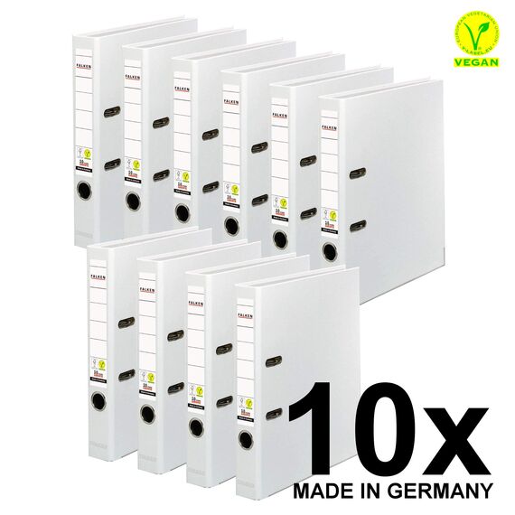 Original Falken 10er Pack PP-Color Kunststoff-Ordner. Made in Germany. 5 cm breit DIN A4 weiß Vegan Ringordner Aktenordner Briefordner Büroordner Plastikordner Schlitzordner