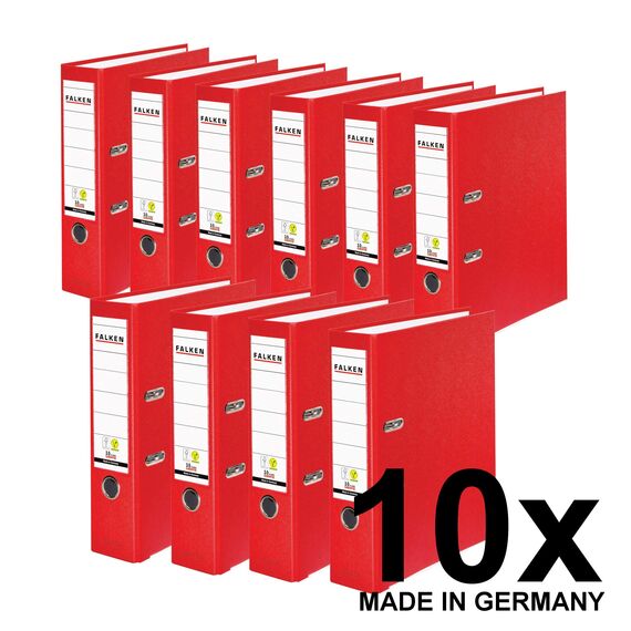 Original Falken 10er Pack PP-Color Kunststoff-Ordner. Made in Germany. 8 cm breit DIN A4 rot Vegan Ringordner Aktenordner Briefordner Büroordner Plastikordner Schlitzordner