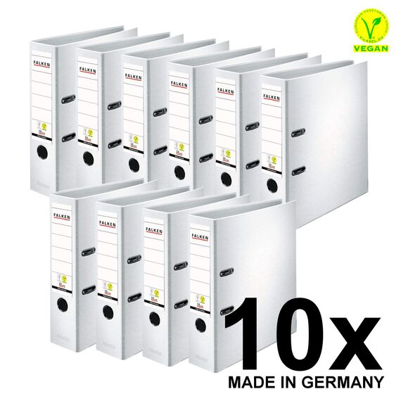 Original Falken 10er Pack PP-Color Kunststoff-Ordner. Made in Germany. 8 cm breit DIN A4 weiß Vegan Ringordner Aktenordner Briefordner Büroordner Plastikordner Schlitzordner