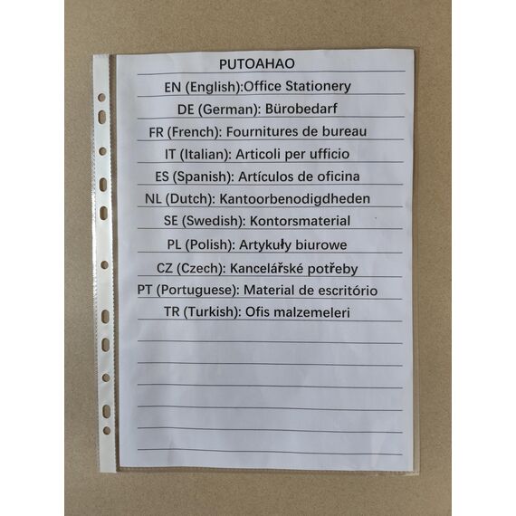 PUTOAHAO 100 Stück Klarsichthüllen A4 Glasklar,DINA4 Prospekthüllen aus PP(0.06 mm,60 My,60µ,60 micron),11 Loch Perforationen Klarsichtfolien A4 für Broschüren,Ordner,Dokumente (Weiß Seite,6C)