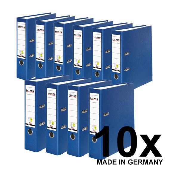 Original Falken 10er Pack PP-Color Kunststoff-Ordner. Made in Germany. 8 cm breit DIN A4 blau Vegan Ringordner Aktenordner Briefordner Büroordner Plastikordner Schlitzordner