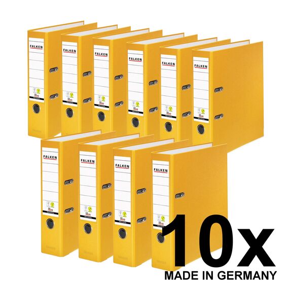 Original Falken 10er Pack PP-Color Kunststoff-Ordner. Made in Germany. 8 cm breit DIN A4 gelb Vegan Ringordner Aktenordner Briefordner Büroordner Plastikordner Schlitzordner