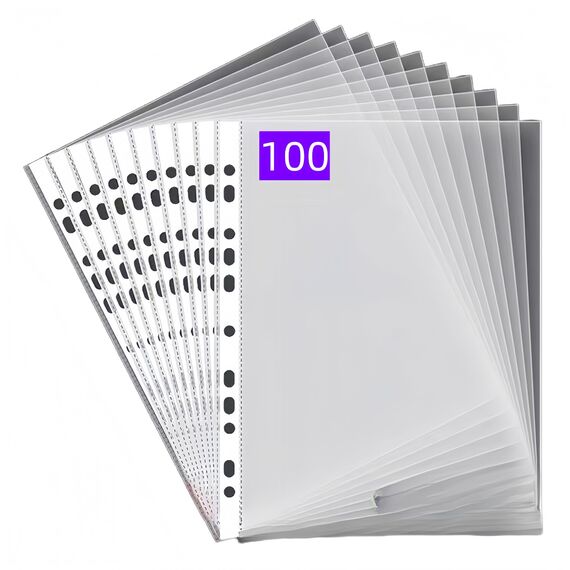 PUTOAHAO 100 Stück Klarsichthüllen A4 Glasklar,DINA4 Prospekthüllen aus PP(0.06 mm,60 My,60µ,60 micron),11 Loch Perforationen Klarsichtfolien A4 für Broschüren,Ordner,Dokumente (Weiß Seite,6C)