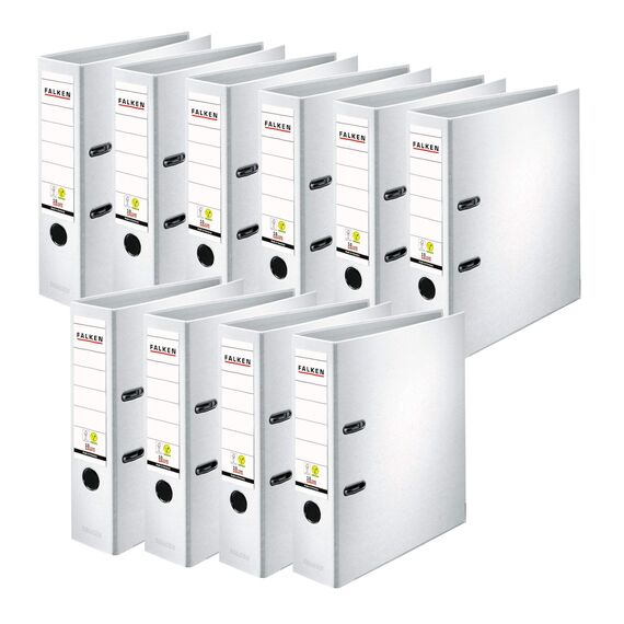 Original Falken 10er Pack PP-Color Kunststoff-Ordner. Made in Germany. 8 cm breit DIN A4 weiß Vegan Ringordner Aktenordner Briefordner Büroordner Plastikordner Schlitzordner
