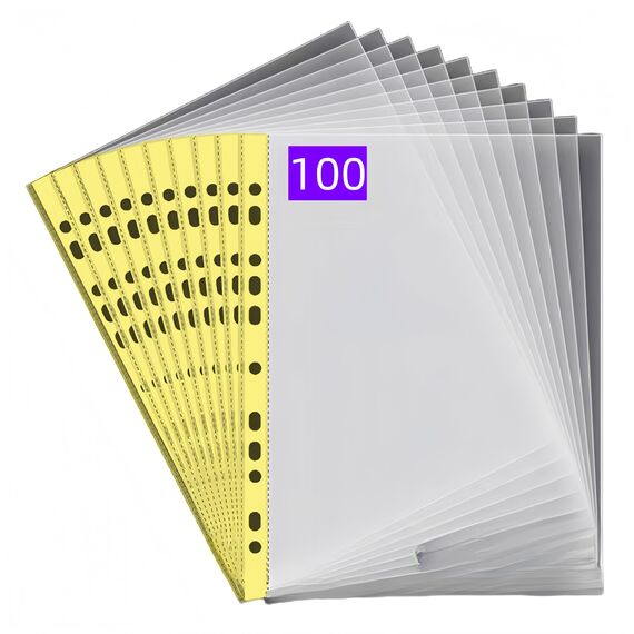PUTOAHAO 100 Stück Klarsichthüllen A4 Glasklar aus PP (0.06 mm,60 My,60µ,60 micron),mit 11 Lochungen für 2/3/4-Ring-Ordner, Prospekthüllen DIN A4 für Dokumente, Broschüren,Ordner (Gelb Seite,6C-100)