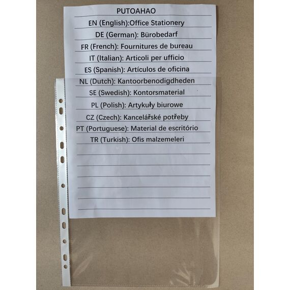 PUTOAHAO 100 Stück Klarsichthüllen A4 Glasklar,DINA4 Prospekthüllen aus PP(0.06 mm,60 My,60µ,60 micron),11 Loch Perforationen Klarsichtfolien A4 für Broschüren,Ordner,Dokumente (Weiß Seite,6C)